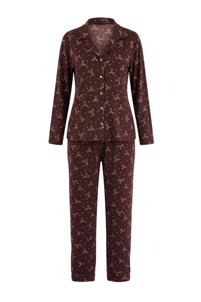 Trendyol Collection Set de pijamale tricotate cu nasturi moi, cu model pangli...