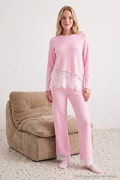 Trendyol Collection Pink Lace Detailed Soft Knitted Pajama Set Thmaw27Pt00090