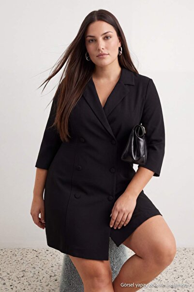 Trendyol Curve Crna tkana haljina veće veličine TBBAW27AH00075