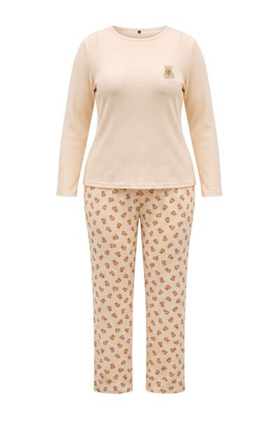 Trendyol Curve Ecru-braunes, weiches Winter-Pyjama-Set aus Waffelstrick mit S...