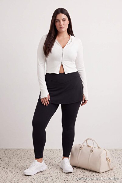 Trendyol Curve Black High Waist V Detailed Skirted Soft/Soft Knitted Plus Siz...