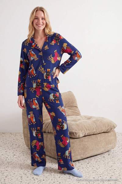 Trendyol Collection Navy Blue 100% Cotton Printed 30/1 Openend Single Jersey ...