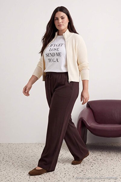 Trendyol Curve Braune Hose mit hoher Taille und weitem Bein in Übergröße TBBA...