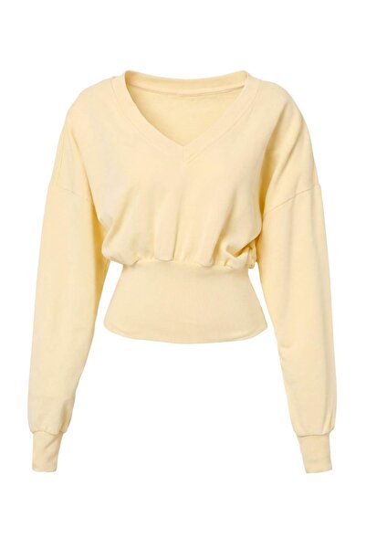 Trendyol Collection Light Yellow V-Neck Oversize/Wide Cut Fitted Waist Knitte...