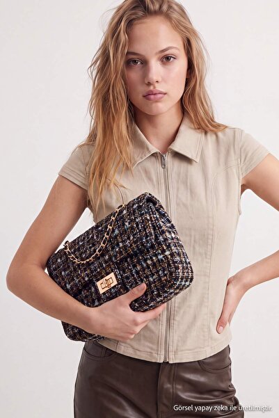 TRENDYOL SHOES Black Tweed Women's Medium Shoulder Bag Takaw27Oc00005