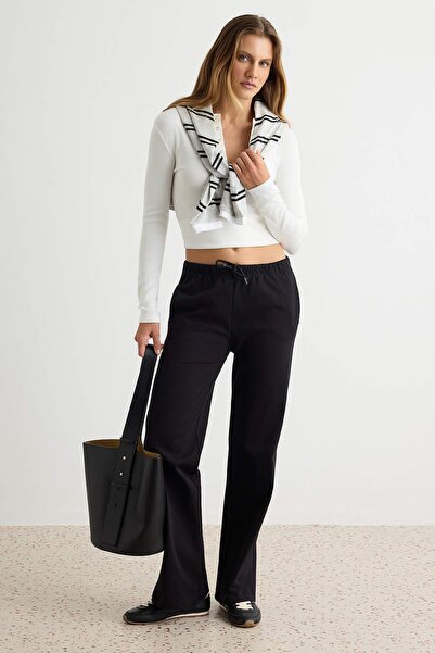 Trendyol Collection Black Premium Interlock Straight/Cut-Waist Lace-Up Knitte...