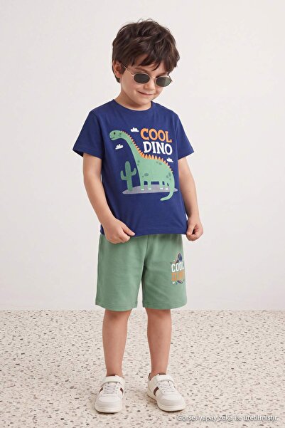 TRENDYOLKIDS Dark Green Printed Knitted Bottom - Top Set Tkdss26Au00104