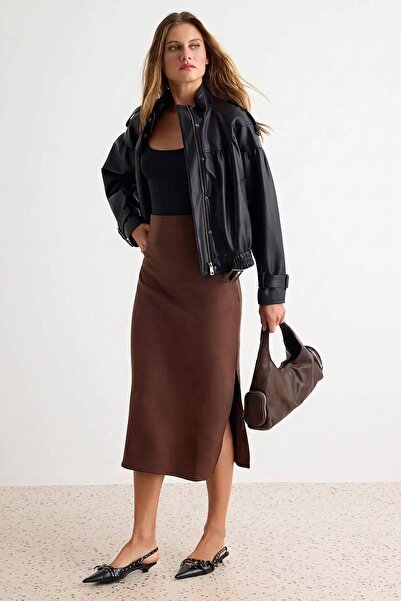 Trendyol Collection Brown Suede Slit Knitted Midi Pencil Skirt Twoaw26Et00018