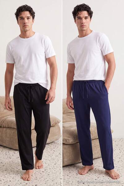 Trendyol Collection Navy Blue-Black 2-Pack Regular Knitted Pajama Bottoms Tmn...