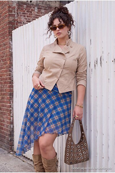 Trendyol Curve Blue Plaid Patterned Knitted Tulle Oversize Skirt Tbbaw27Az00020