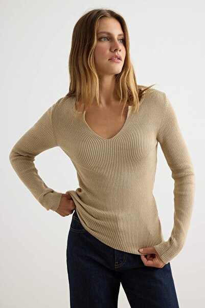 Trendyol Collection More Sustainable Beige Cowl Neck Basic Knit Sweater Twoaw...