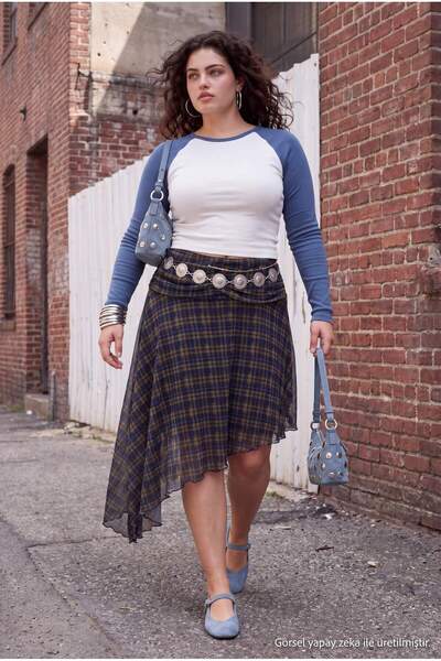 Trendyol Curve Multi-Colored Plaid Pattern Knitted Tulle Plus Size Skirt Tbba...