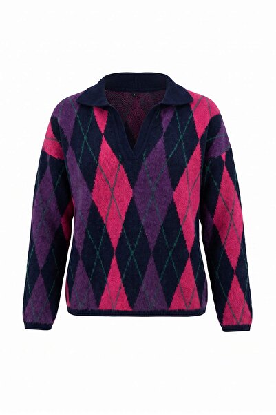 Trendyol Collection Navy Blue Soft Textured Diamond/Plaid Pattern Polo Collar...
