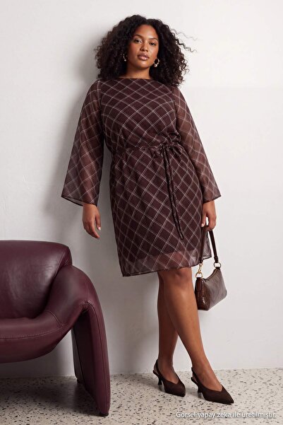 Trendyol Curve Brown Woven Plus Size Dress Tbbaw27Ah00006