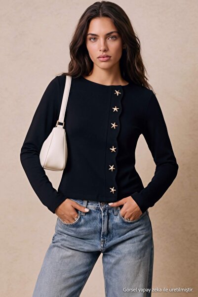 Trendyol Collection Black Plain Fitted/Cut-Fit Crew Neck Buttoned Interlock K...