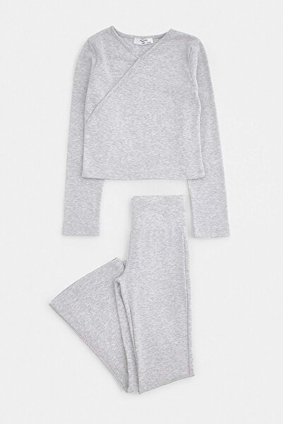 TRENDYOLKIDS Gray Melange Plain Knitted Bottom - Top Set Tkdaw27Au00026