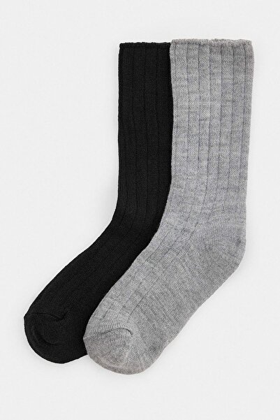 Trendyol Collection Grey-Black 2-Pair Plain Jacquard Knitted Socks Thmaw27Co0...
