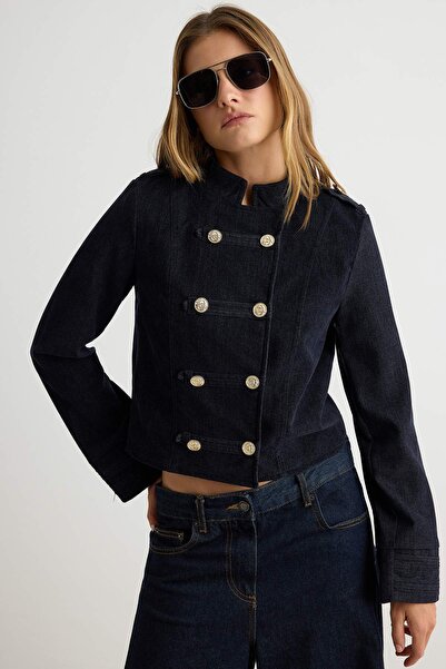 Trendyol Collection Navy Blue Crop Velvet Jacket Twoaw27Ce00071
