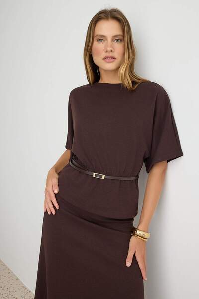 Trendyol Collection Brown Regular Fit Boat Neck Belted Thick Interlock Knitte...