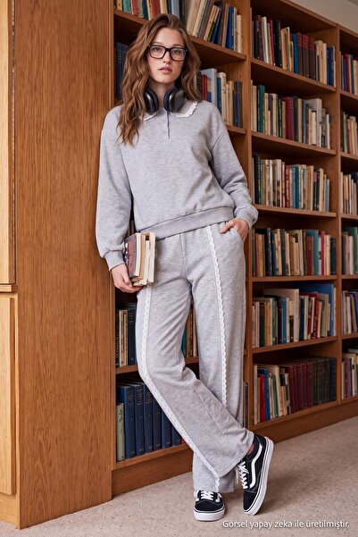 Trendyol Collection Gray Melange Oversize Polo Collar Wide Leg Ribbed Detaile...