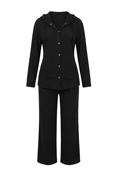 Trendyol Modest Μαύρο παντελόνι τουνίκ με κουμπώματα Aerobin - Σετ μπλούζας κ...