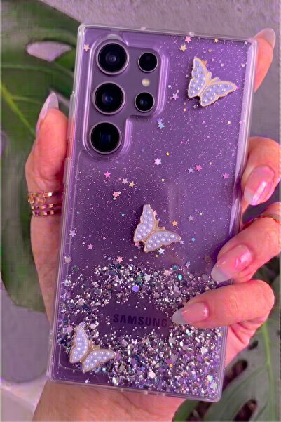 Rivor Samsung Galaxy S24 Ultra Uyumlu Kılıf Kamera Çıkıntılı Simli Kelebek Ka...