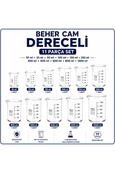 Labolist Beher Cam Dereceli 10 ml 1 Adet, 25 ml 1 Adet,50 ml 1 Adet, 100 ml 1...