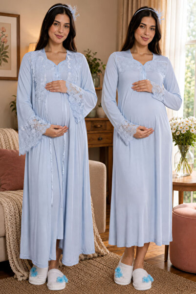 ByLohusa Comfortable Cut Cotton Dressing Gown Maternity Nightgown Set Effortt...