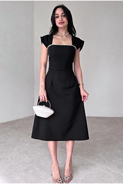 ALFUDO Moda Collection Special Design Fine Detail Black Midi Dress