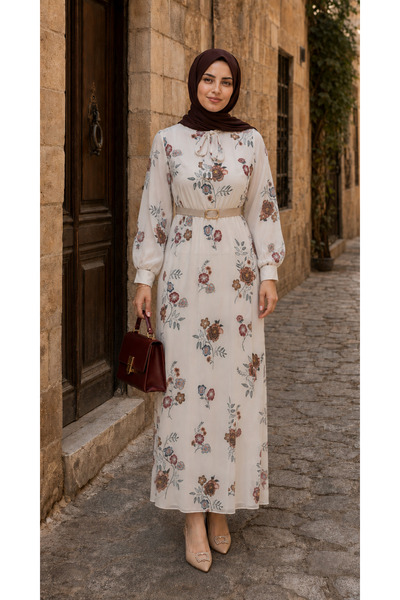 Novaİst ZARİF DESENLİ KEMERLİ ŞIK ŞİFON KALİTELİ YAZLIK KADIN ELBİSE