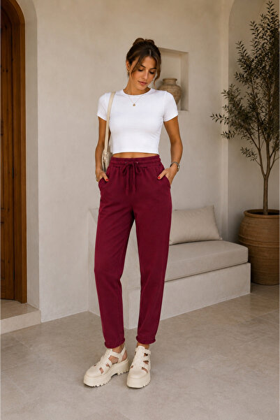 Maldia Shop Women's Elastic Waist Tassel Detail Piece-Dye Gabardine Burgundy ...