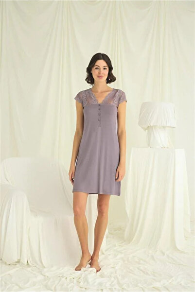 SS HOME CONCEPT Lace Front Buttoned Nightgown with Sleeves Shoulder and Neckline
