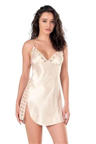 SS HOME CONCEPT Lace Embroidered Thin Strap Ivory Satin Nightgown