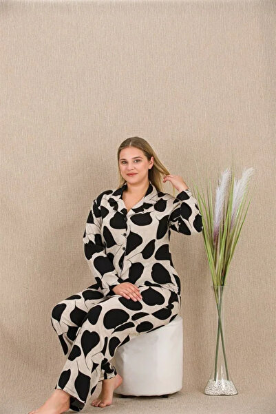 SS HOME CONCEPT Plus size black and white heart print button-down long sleeve...