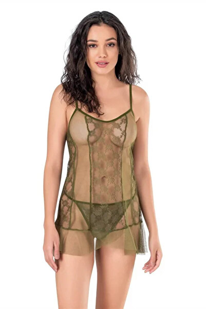 SS HOME CONCEPT Lace Embroidered Khaki Short Tulle Nightgown
