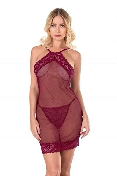 SS HOME CONCEPT Lace Embroidered Burgundy Short Mesh Tulle Nightgown