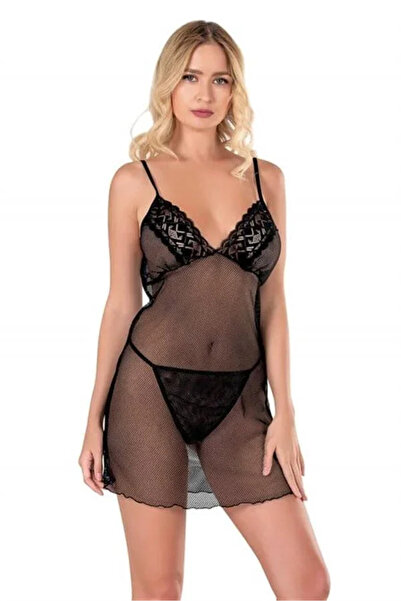 SS HOME CONCEPT Lace Embroidered Black Short Mesh Tulle Nightgown