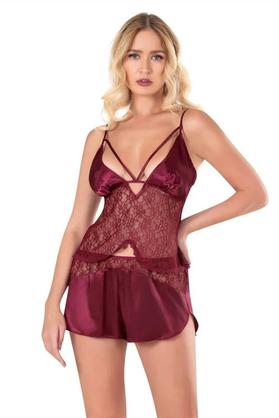 SS HOME CONCEPT Burgundy Satin Babydoll Shorts Set
