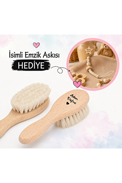encii İsme Özel Doğal Bebek Keçi Kılı Tarak Emzik Askısı Hediyeli