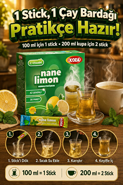 Koza Gurmelerin Seçimi Pratik Lezzet Az Şekerli Mentollü Nane Limon Aromalı Tek İçimlik Premium İçecek Tozu 30 Stick