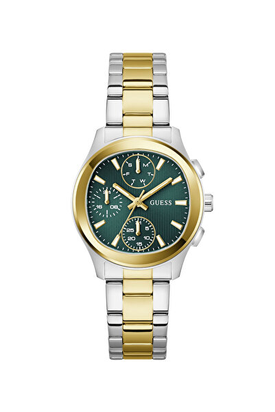 Guess Ladies 2T Silver/Yellow Gold Tone Square Analog Watch