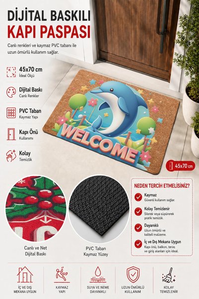 Valerine Life Door Mat 45X70Cm Non-Slip Base Indoor Outdoor Cute Dolphin and Star