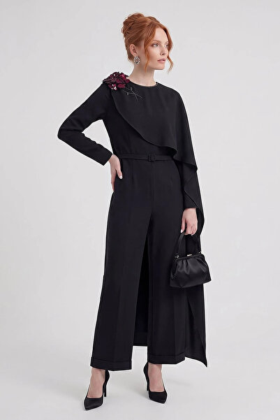 Kayra Stylish Jumpsuit with Embroidery Detail Black