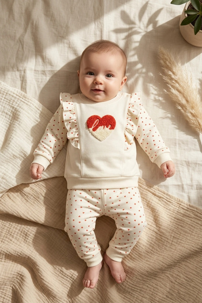 ANP MODA TASARIM Baby Girl Ruffle Heart Embroidered 2-Piece Set - 100% Cotton...
