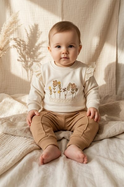 ANP MODA TASARIM Baby Girl Embroidered Scallop Detailed Cotton Sweatshirt and...