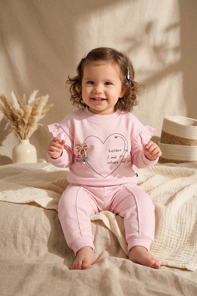 ANP MODA TASARIM Baby Girl Pink Heart Printed Ruffle Sweatshirt and Trousers ...
