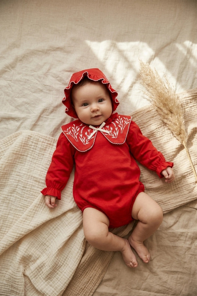 ANP MODA TASARIM Baby Girl Vintage Embroidered Long Sleeve Red Bodysuit and H...