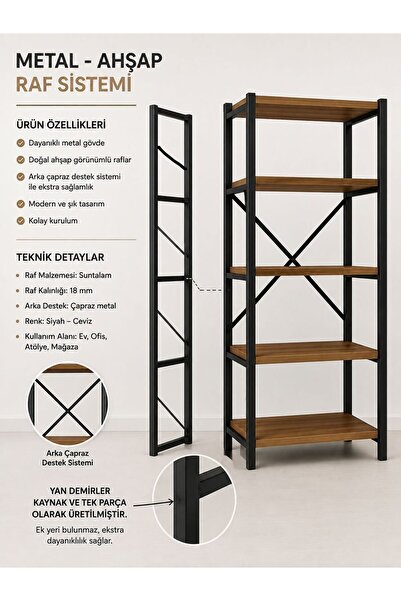 WANDOO 5 Raflı Çok Amaçlı Metal ve Ahşap Dolap – Kitaplık, Mutfak, Kırtasiye ...