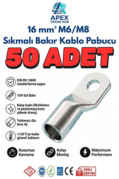 16mm M6 SKP Sıkmalı Bakır Kablo Pabucu - 50'li Paket