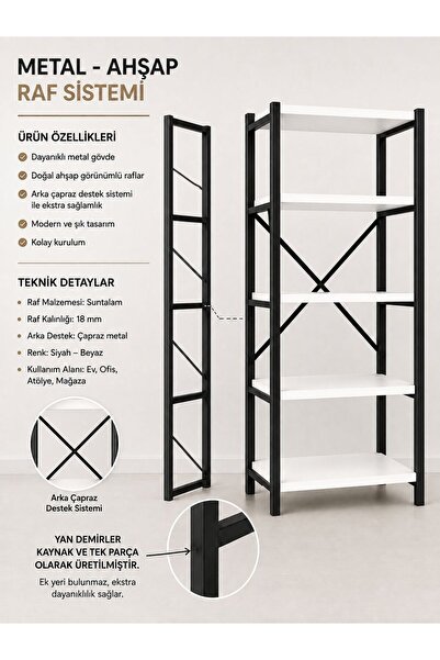 WANDOO Metal Gövdeli Çok Amaçlı 5 Raflı Mutfak Rafı - Beyaz , Düzenleyici Dep...